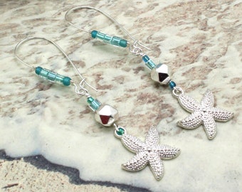 Silver Starfish Earrings, Beach Jewelry, Drop Earrings, Beach Wedding, Starfish Earrings, Beach Earrings, Starfish