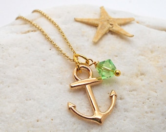 Anchor Necklace, Personalized with Birthstone, Gold Plated, Beach Wedding, Vacation, Hawaii, Ship, Anchor, Anchor Necklace, Birthstone