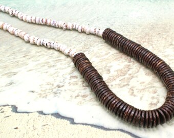 Coconut and Puka Lei Necklace - Beach Weddings, Hawaii, Shell Jewelry, Coconut, Beach Jewelry, Coconut Necklace, Mens Necklace, Puka, Lei