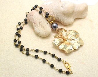 Hibiscus Necklace / Hibiscus on Rosary Chain / Beach Jewelry / Boho Beachy / Hibiscus