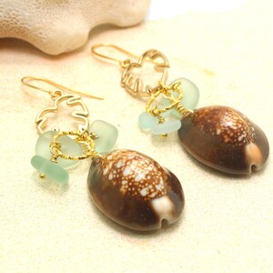 Cowrie Shell Earrings / Beachy Boho Earrings / Sea Glass Earrings / Monstera Leaf Earrings / Tropical Earrings / Beach Wedding image 3