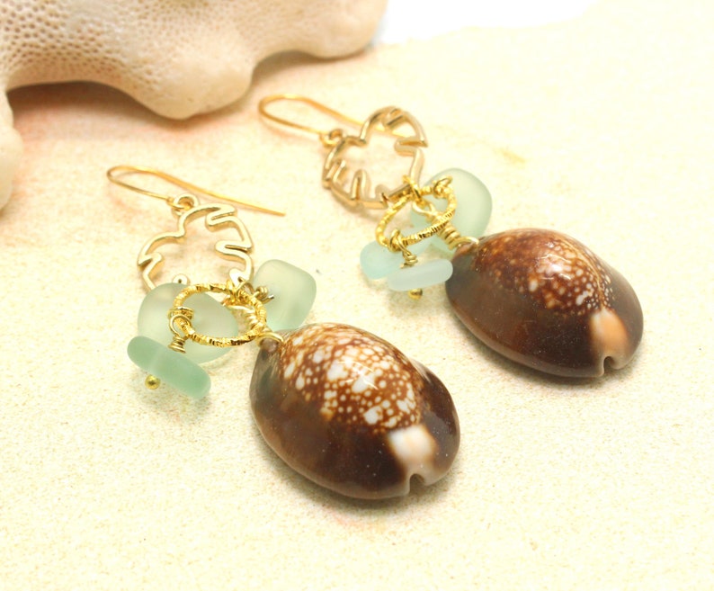 Cowrie Shell Earrings / Beachy Boho Earrings / Sea Glass Earrings / Monstera Leaf Earrings / Tropical Earrings / Beach Wedding image 3