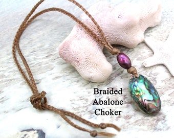 Abalone Choker / UNISEX / Good Vibrations / Faux Sinew Choker / Surfer Necklace / Abalone Necklace / Shell Necklace / Braided Choker