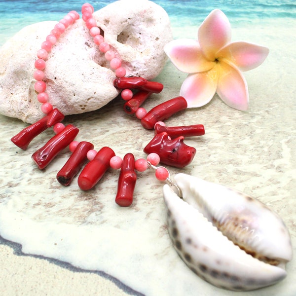 Chunky Red Coral Necklace / Statement Necklace / Beach Jewelry / Beach Wedding / Shell Jewelry / Shell Necklace / Red Coral Necklace