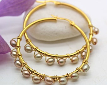 Gold Hoop Earrings Wire Wrapped with Small Mocha Freshwater Pearls - Beach Weddings, Beach Jewelry, Gold Hoop Earrings, Pearl Earrings