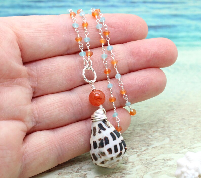 Hebrew Cone Shell Necklace With Gemstone Rosary Chain Sea Etsy