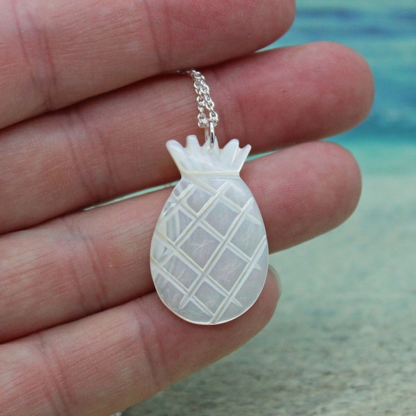 Mother of Pearl Pineapple Necklace, Silver Plated, Beach Wedding, Pineapple Necklace, Beach Necklace, Hawaiian Necklace