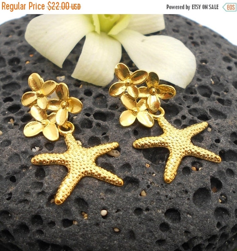 Gold Post Earrings Gold Starfish and Flower Earrings Beach Etsy