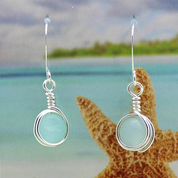 Milky Opal Blue Sea Glass Earrings / Wire Wrapped Earrings / Beach Glass Earrings / Beach Jewelry / Dangle Earrings / Beach Glass Jewelry