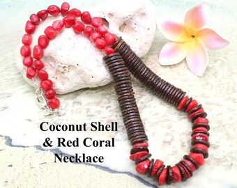 Coconut and Red Coral Lei Necklace - Beach Weddings, Hawaii, Shell Jewelry, Coconut, Beach Jewelry, Coconut Necklace,  Puka, Shell Lei