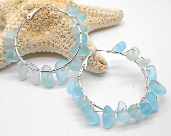 Pale Blue Sea Glass Hoop Earrings Hawaii Tropical Jewelry | Etsy