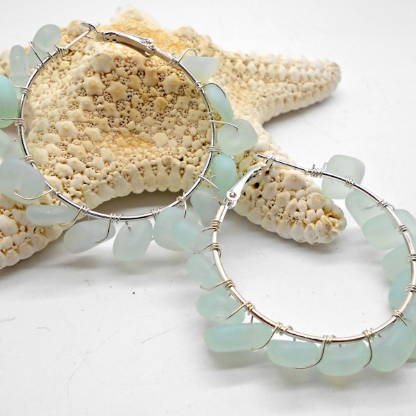 Pale Opal Blue Sea Glass Hoop Earrings - Hawaii, Tropical Jewelry, Sea Glass, Beach Glass, Beach Wedding, Hoop Earring,