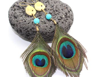 Peacock Feather and Shell Earrings - Peacock Feather Earrings, Sea Shell Earrings, Beach Jewelry, Beach Wedding