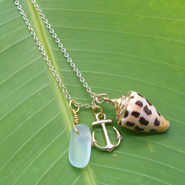 Hebrew Cone Shell, Anchor, and Beach Glass Necklace - Beach Jewelry, Shell Necklace, Hebrew cone shell, Made in Hawaii, anchor necklace