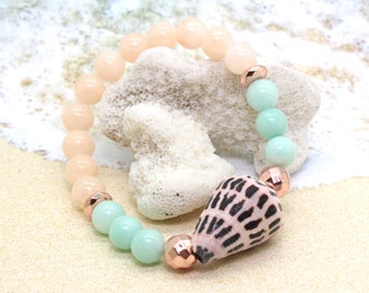 SHELL BRACELET / Agate Bracelet with Hawaiian Hebrew Cone Shell - Cone Shell Bracelet / Hebrew Cone Shell / Gemstone Bracelet