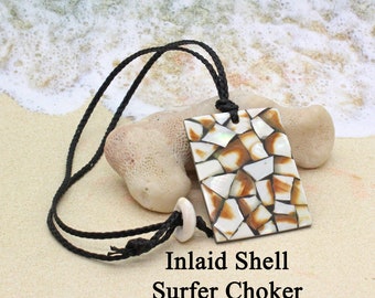 Inlaid Shell Necklace / Braided Choker / Beach Choker / Surfer Jewelry / Beach Jewelry / Boho Beachy