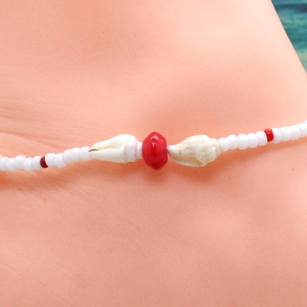 Red Coral and Sea Shell Anklet, Beachy Anklet, Beach Jewelry, Beach Wedding, Shell Anklet, Ankle Bracelet, Anklet with Sea Shells