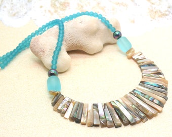 Abalone Necklace with Sea Glass Beads - Shell, Beach Jewelry, Beach Wedding, Shell Jewelry, Abalone Necklace