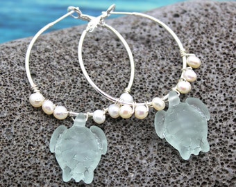 Sea Glass Turtle and Pearl Earrings, Hoop Earrings, Beach Jewelry, Sea Shell Earrings, Beach Wedding, Turtle Earrings