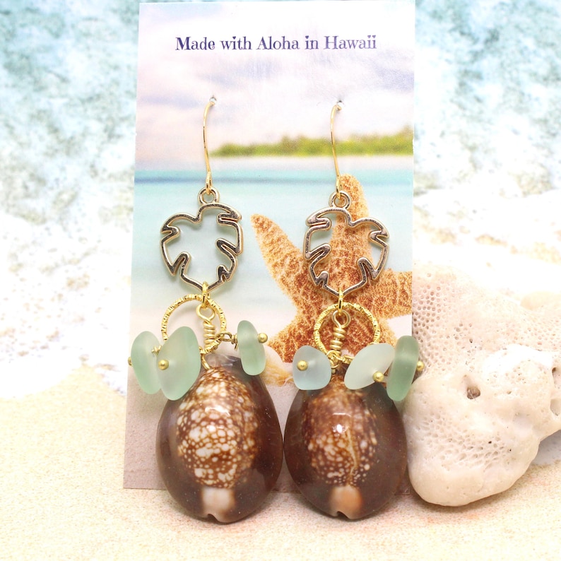 Cowrie Shell Earrings / Beachy Boho Earrings / Sea Glass Earrings / Monstera Leaf Earrings / Tropical Earrings / Beach Wedding image 1