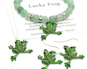 Lucky Frog Necklace, Bracelet, Earrings, or Set - Frog Earrings, Frog Necklace, Frog Bracelet, Abundance, Renewal, Prosperity, Friendship