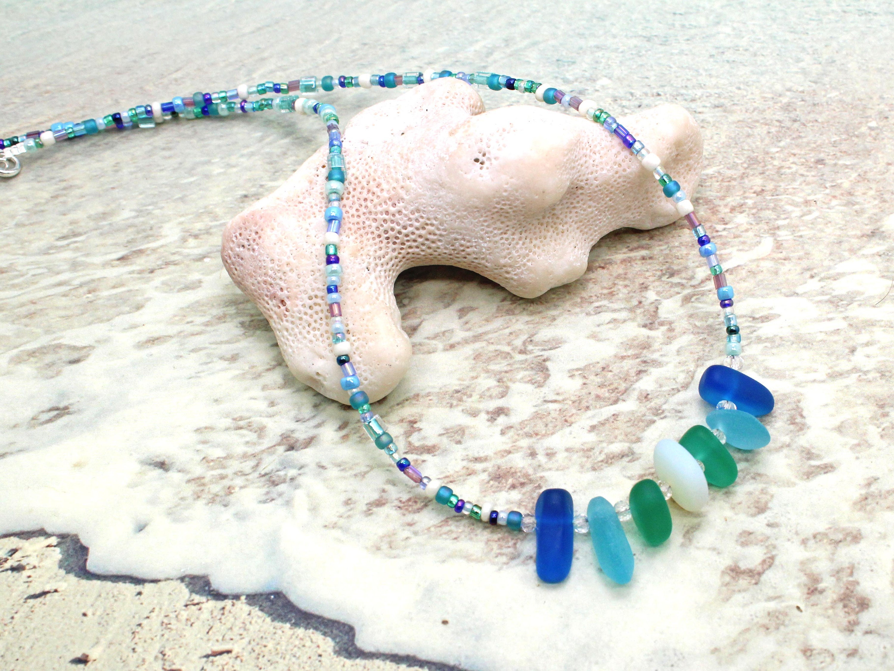 Beaded Necklace / Sea Glass Necklace / Beach Glass Jewelry / | Etsy