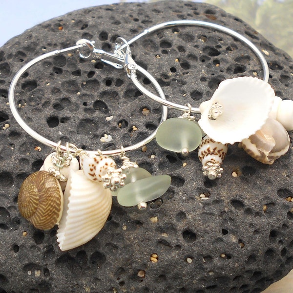 Sea Shell Hoop Earrings, Mermaids Treasure, Beach Jewelry, Sea Shell Earrings, Beach Wedding, Silver Hoop Earrings