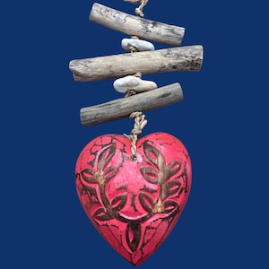 Wooden Carved Heart Strand | Red, White, Aqua | Seagrass Rope, Driftwood, & Stone Accents | 33&quot; Long | Coastal Decor
