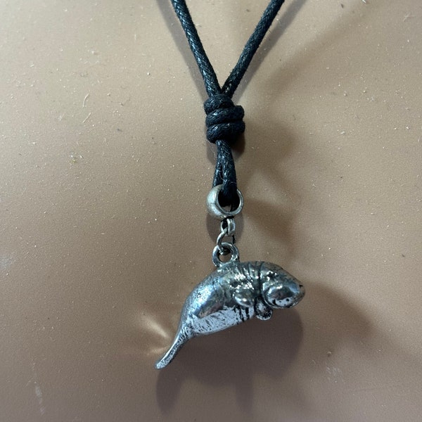 Pewter Manatee Pendant Necklace Black Leather Cord Gift Idea