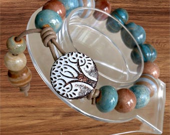 5 Different Designs - Earthy Leather Bracelets with Handmade Ceramic Beads & Artisan Buttons
