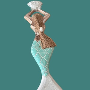 Wooden Mermaid with Scallop Shell Wall Plaque- Aqua