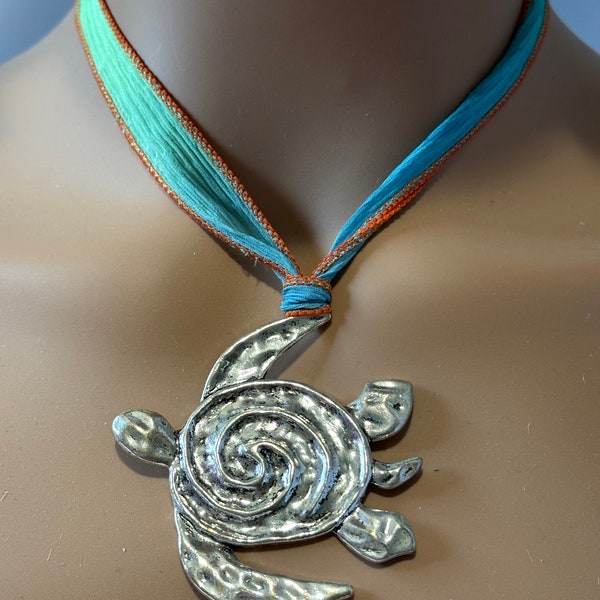 Large metal sea turtle pendant hand painted silk ribbon necklace adjustable length or tie in a bow