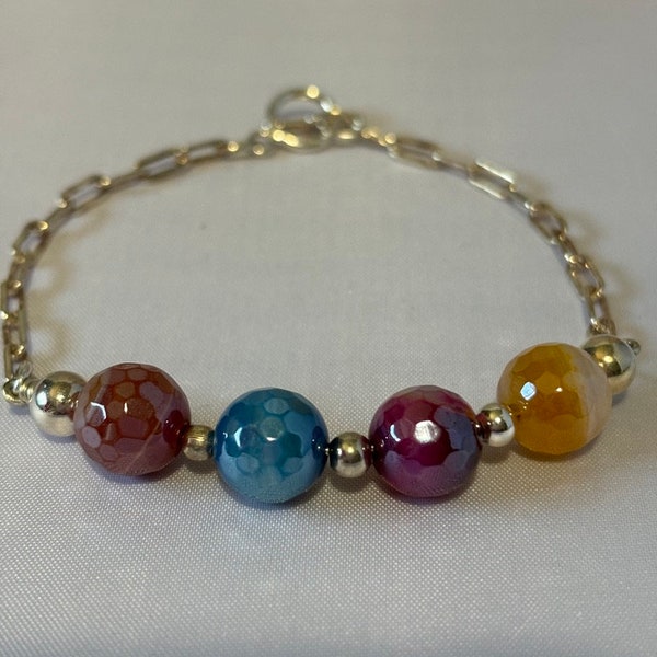 Multi-Colored Electro-Plated Sardonyx gemstone round beaded bracelet Silver paperclip Chain Gift