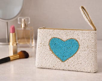 Beaded Coin Purse Collection, Handmade Seed Bead Zipper Pouch, Heart & Turquoise Beaded Wallet, Artisan Change Purse, Gift for Her