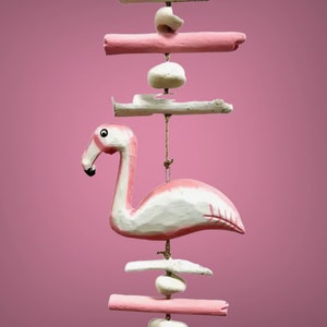 Carved  and painted handcrafted Flamingo Pink Driftwood Decorative Strand on Seagrass Rope