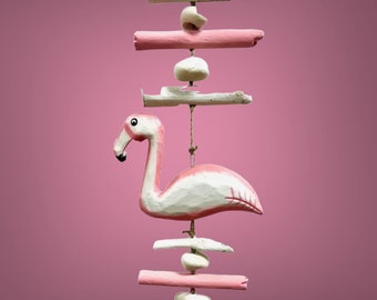 Carved  and painted handcrafted Flamingo Pink Driftwood Decorative Strand on Seagrass Rope