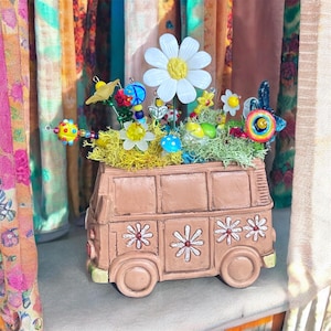 Hippie Bus Planter Handmade Beaded Flower Art Boho Decor | Whimsical Desk or Shelf Gift