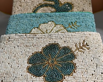 Beaded Island Inspired Coin Purse Hibiscus Sea Turtle Teal Tan
