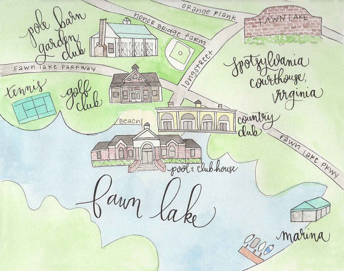 Fawn Lake Spotsylvania Virginia Watercolor Map 8x10 Print Etsy