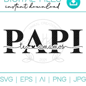Op de afbeelding: Zwart-wit digitaal ontwerpbestand voor een afdrukbare afbeelding die "Papi te amamos" zegt met een hart in het midden van het woord "te".