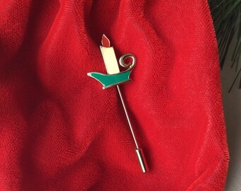 Vintage Christmas Stick Pin, new old stock, candlestick lapel pin. White candle, gold, green and red, enamel lapel pin. Vintage brooch.