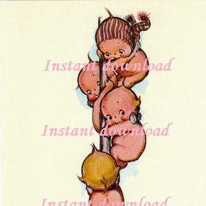 Kewpie image, Kewpies on a pole. JPG instant digital download, Rose O&#39; Neill, Florence Baker, clip art image, angel, angels, pole dancing