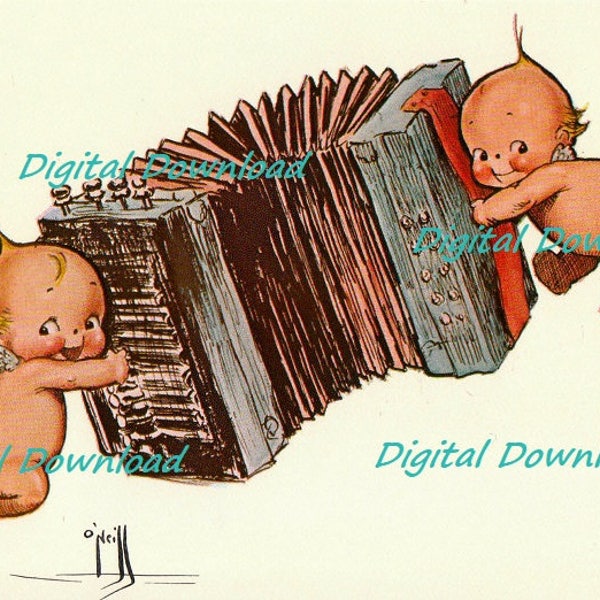 Kewpie image, JPG instant digital download, Kewpies with accordion, musical instrument. Rose O' Neill, Florence Baker, clip art image