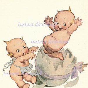 Kewpie Easter image, instant digital download, Kewpie surprise in Easter egg