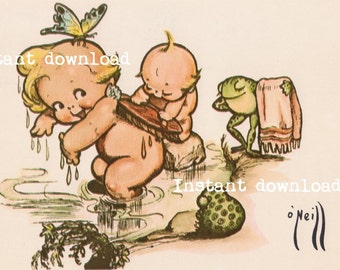 Kewpie image, instant digital download, Kewpies wash day, nursery bath décor, frog butterfly baby doll, vintage image