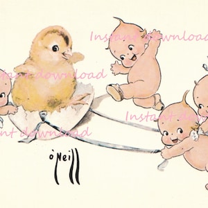 Vintage Easter Kewpie image, instant download, Kewpies with Easter egg and baby chick. For greeting cards, scrapbooking, gift tags