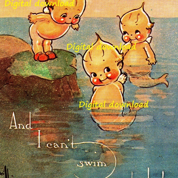 Kewpie Mermaids image, instant digital download, Kewpies at the beach, at sea with Mermaid Kewpies. Nursery decor, vintage Kwepei drawing.