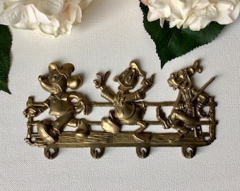 RARE! Walt Disney Productions vintage brass hooks, Mickey, Donald, Goofy w. fence. Solid brass key holder wall bracket. Made in Italy GATCO