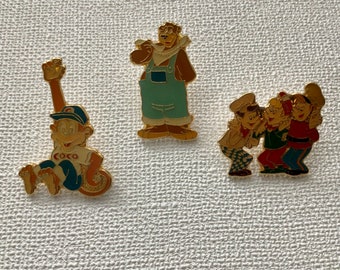 1990s Vintage Enamel Kellogg’s mascot pins, Coco the monkey, Snap Crackle and Pop, Chocos bear. Retro lapel pin.