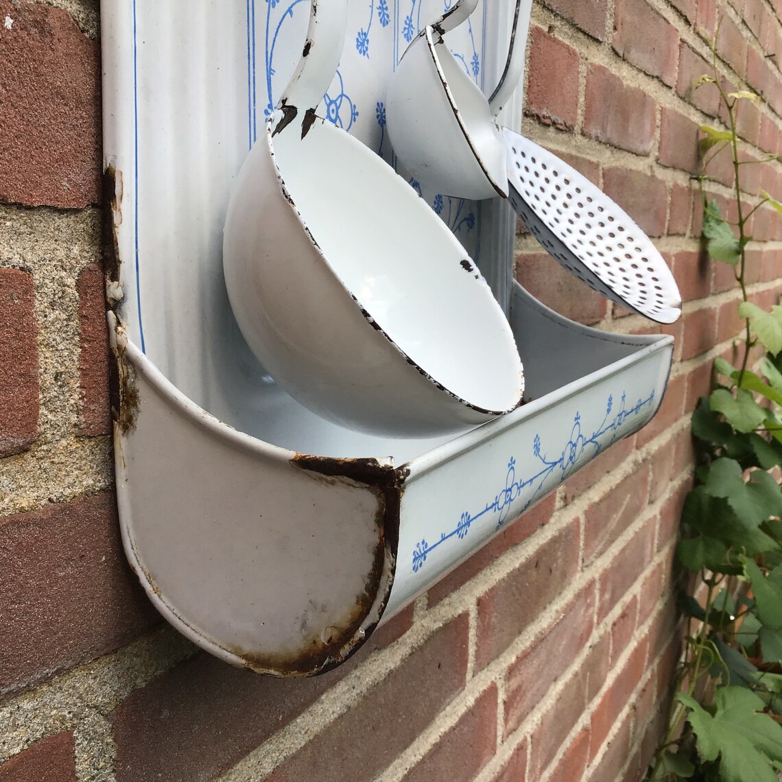 French Enamel Kitchen Utensil Rack Saks Blue Complete. White Etsy